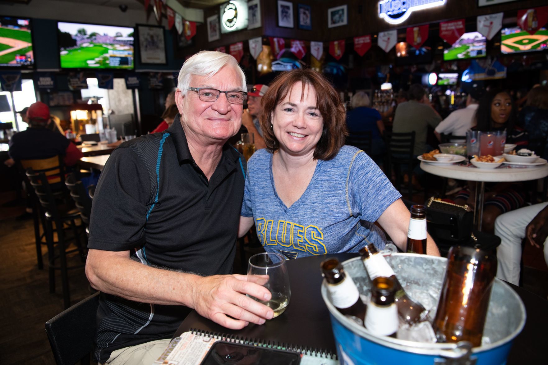 Blues fans watch Game 5 of Western Conference Finals at Syberg's on Dorsett
